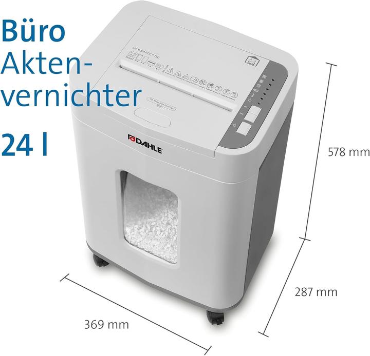 Produktbild Dahle ShredMATIC 150 Aktenvernichter mit Partikelschnitt P-4, 4 x 12 mm, bis 150 Blatt, lichtgrau (Partikelschnitt)