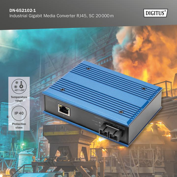 Image du produit Digitus Industrial Gigabit Media Converter RJ45, SC 20 km