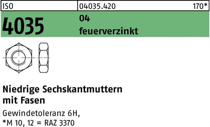 Produktbild Sechskantmutter ISO 4035 niedrig m.Fasen M 24 Automatenstahl feuerverzinkt (M24)