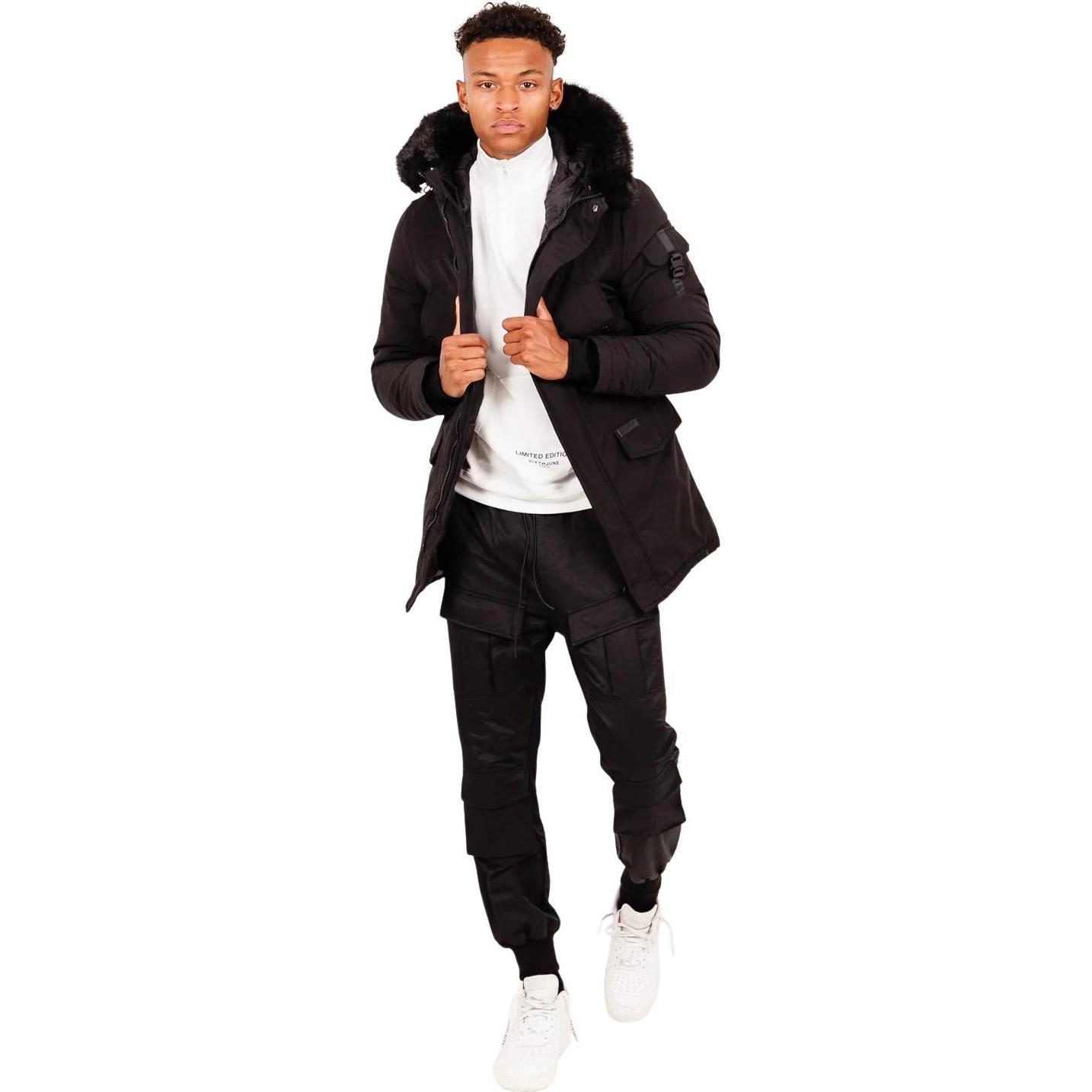 Sixth June, Herren, Jacke, Parka mit Kapuze aus wasserabweisendem Pelz (M), Schwarz, M