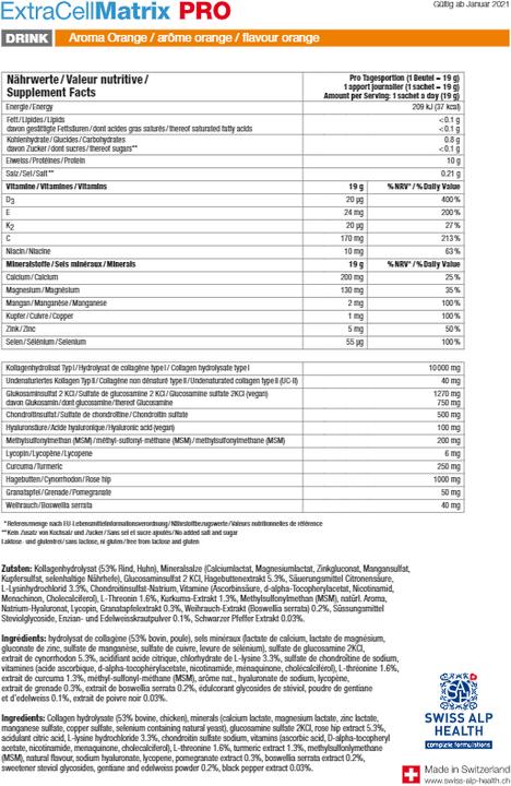 Nutritional values and ingredients Swiss Alp Health Pro Drink (20 Piece, Beutel, 469 g)