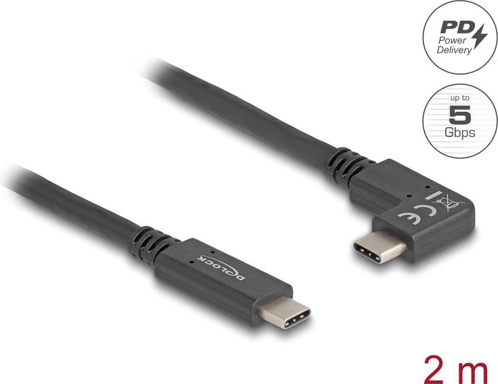 Produktbild Delock USB 5 Gbps Kabel USB Type-C™ Stecker zu Type-C™ Stecker gewinkelt links / rechts 2 m 4K PD 60 W mit (2 m, USB 3.0, 60 W)