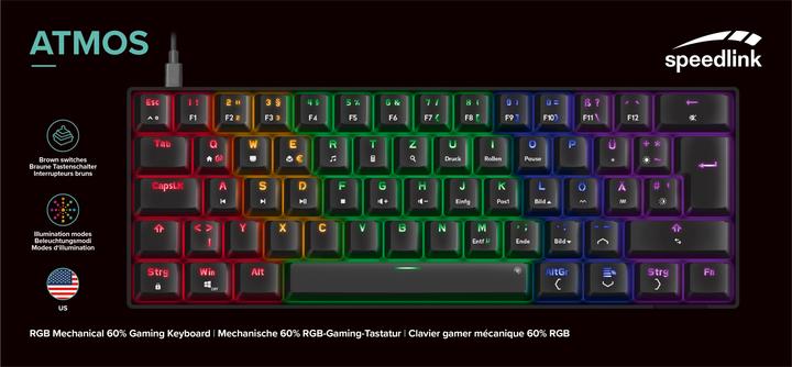 Produktbild Speedlink - ATMOS RGB Rainbow Mechanical 60% Gaming Keyboard with brown switches, black - US layout (DE, Kabelgebunden)