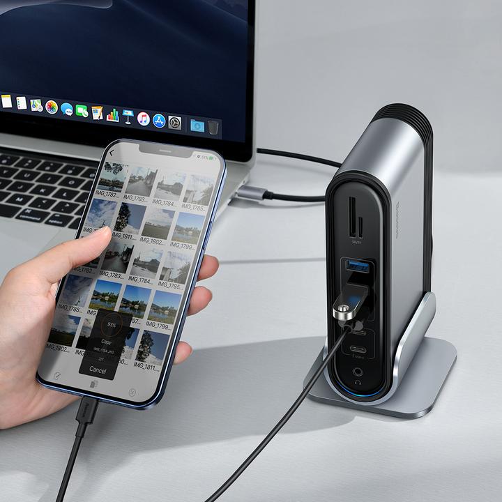 Actual product image Baseus Working Station Four-Screen Multifunctional Type-C HUB AdapterUS+EU+UK)Dark gray (USB-C, 16 ports)