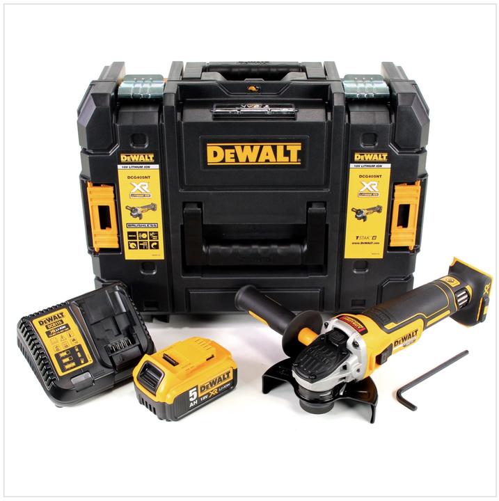 1x DeWalt DCG 405 - 18 V 125 mm brushless cordless angle grinder, 1x DeWalt DCB 184 - 18V - 5 Ah, 5000 mAh XR Li-Ion battery, 1x DeWalt DCB 113 charger for 10.8 - 18 V Li-Ion batteries, 1x DeWalt TStak-Box II tool case, 1x side handle, 1x quick-release nut, 1x assembly tool