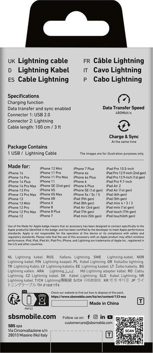 Image du produit SBS TECABLEUSBIP589K Câble USB 1 m USB 2.0 USB A Lightning Noir (1 m, USB 2.0)