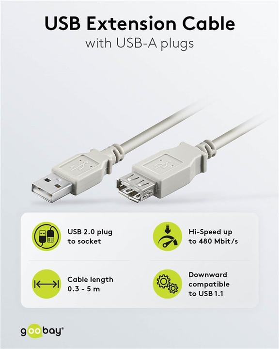 Produktbild Goobay USB 2.0 Hi-Speed Verlängerungskabel, Grau, 0.3 m (0.30 m, USB 2.0)