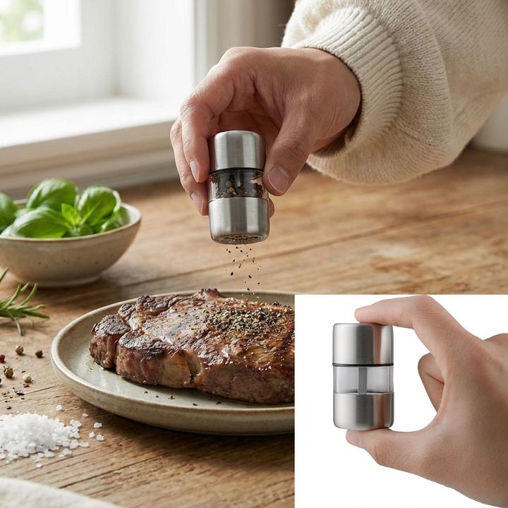 Produktbild Ideoon 2er-Set Mini Salz- Pfeffermühle Set aus Edelstahl mit Keramikmahlwerk - Gewürzmühle (Pfeffer, Salz)