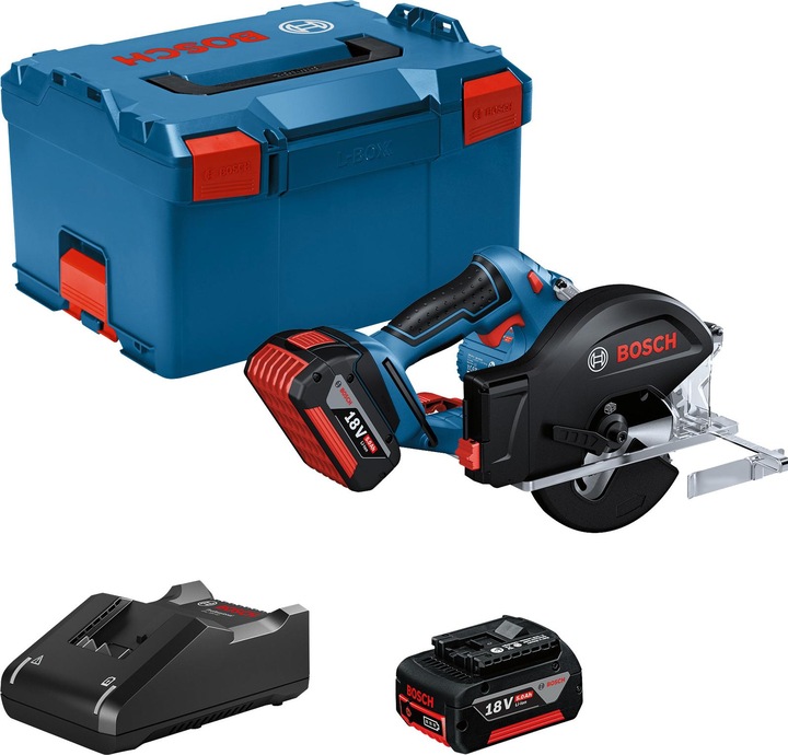 2x rechargeable battery GBA 18V 5.0Ah, 1x charger, 1x saw blade, 1x Bosch GKM 18V-50 Professional cordless metal circular saw