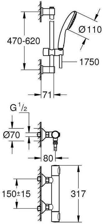 Produktbild Grohe Precision Flow QuickFix Thermostat-Duscharmatur und Vitalio Start 110 Brausestangenset, Länge 600mm