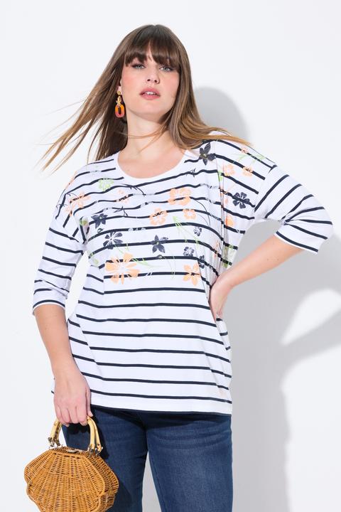 Produktbild Ulla Popken T-Shirt, Ringel, Blüten, oversized, Rundhals, Halbarm (62)