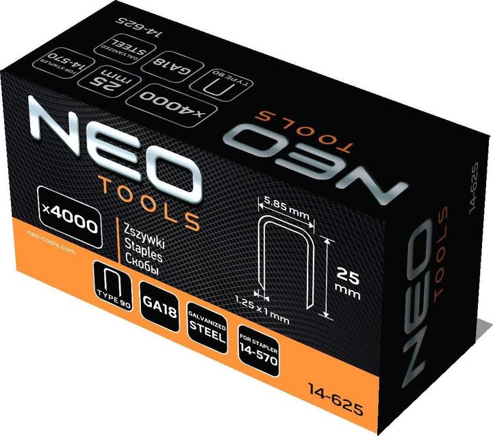 Produktbild Neo Verzinkte Heftklammern für pneumatischen Hefter (14-570), GA18, Typ 90 (4K), Länge 25 mm, 4000 s