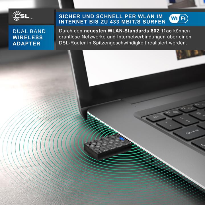 Immagine prodotto CSL Adattatore WLAN USB, AC450 WIFI Dual Band Stick, 433 MBit/s, 2,4 GHz / 5 GHz, 802.11ac, WPS (USB 2.0)