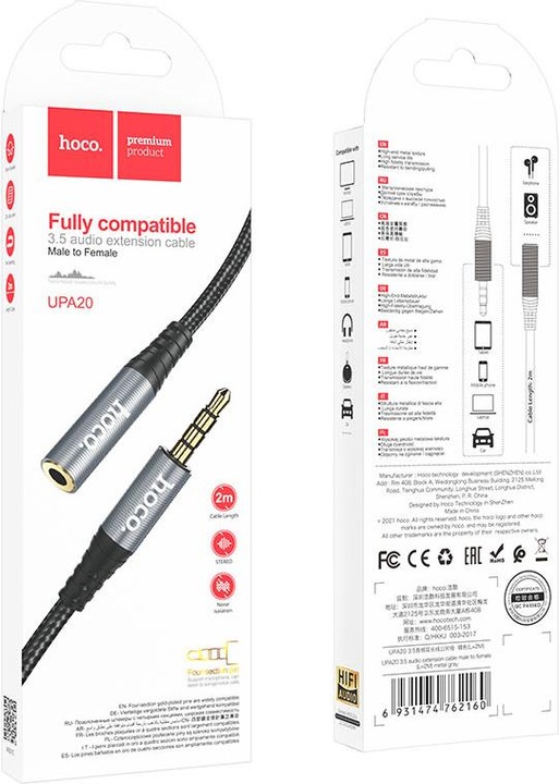 Actual product image Hoco - Audio Cable (UPA20) - Jack 3.5mm, 1xMale to 1xFemale, 2m - Grey (2 m)