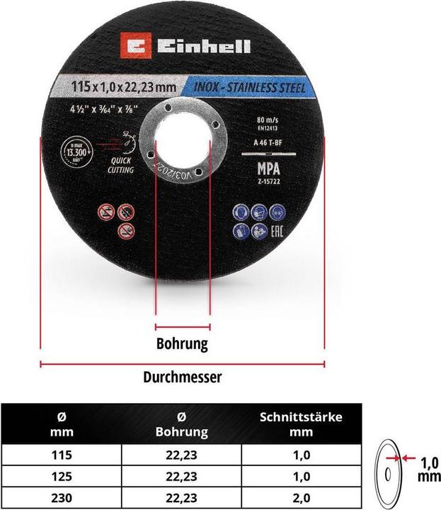Image du produit Einhell Trennscheiben, 711526, 115x1,0 mm, 50 Stück