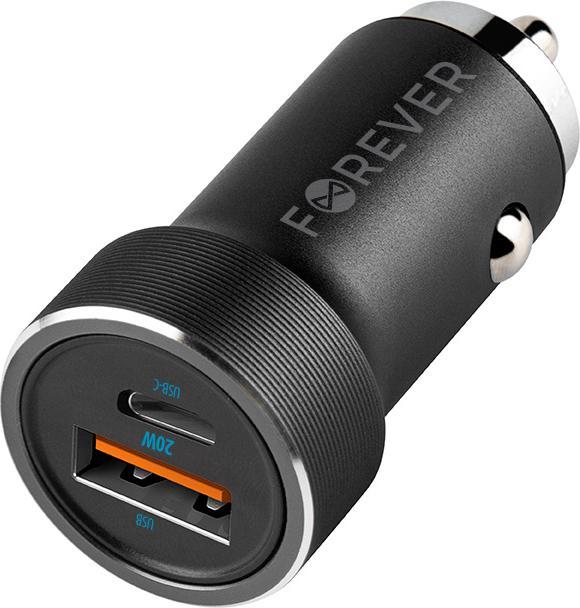 Actual product image Forever CC-06 PD QC car charger 1x USB-C 1x USB 20W black + USB-C - USB-C cable 60W