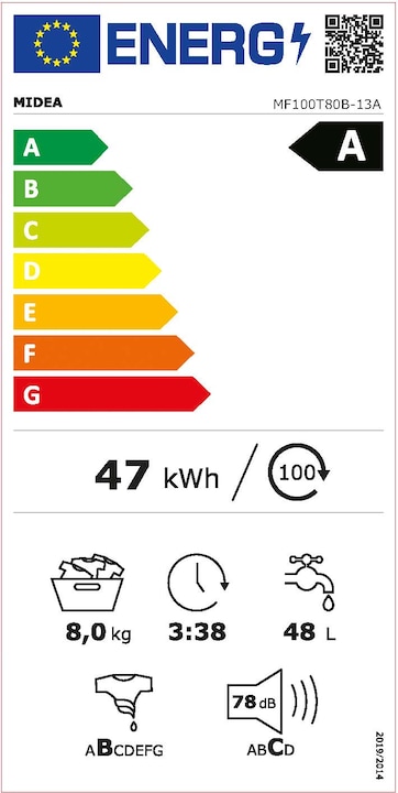 Label énergétique Midea MF100T80B-13A (8 kg, Vers le haut)