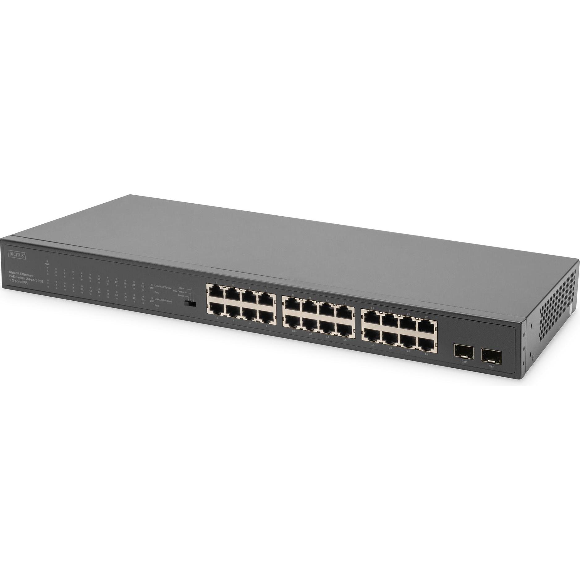 Digitus 24-Port Gigabit + 2-Port Gigabit SFP Multi-Mode Unmanaged PoE Switch (24 Ports), Netzwerk Switch, Grau