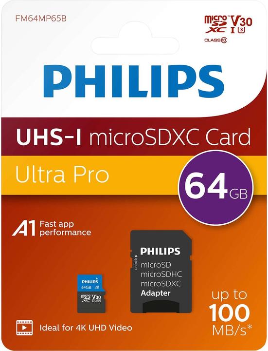 Actual product image Philips MicroSDXC Class 10 UHS-I U3 with adapter (64 GB, microSDXC, U3, UHS-I)