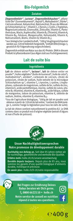 Valori nutrizionali e ingredienti Holle Latte biologico per bambini 4 da latte di capra (400 g, a partire da 12 m.)