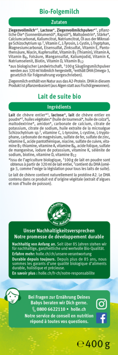 Valori nutrizionali e ingredienti Holle Latte biologico per bambini 4 da latte di capra (400 g, a partire da 12 m.)