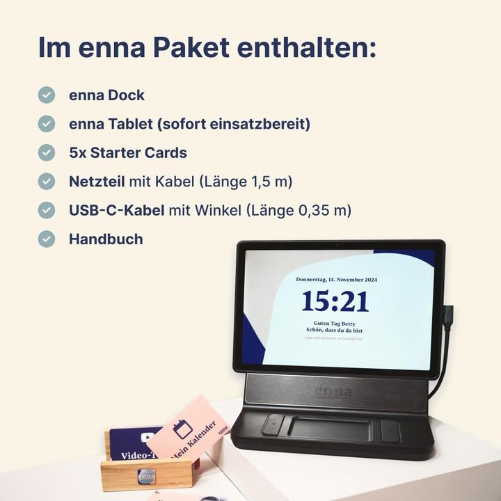 Image du produit Enna Tablet pour seniors avec dock et cartes, appels vidéo, albums photos, abonnement familial (WLAN uniquement, 10", Argent, Gris, Noir)