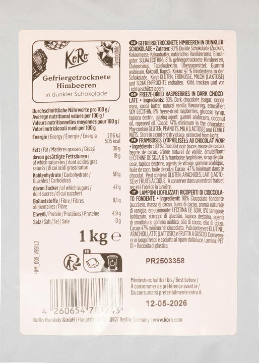 Produktbild KoRo Gefriergetrocknete Himbeeren in dunkler Schokolade (1000 g)