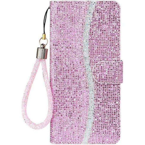 MU Style Leder Glitzerhülle mit Streifen (Samsung Galaxy S22+), Smartphone Hülle, Pink