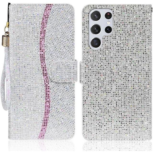 Thumbnail - MU Style Leder Glitzerhülle mit Streifen (Samsung Galaxy S22 Ultra), Smartphone Hülle, Silber