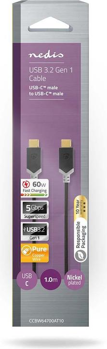 Image du produit Nedis Câble USB - USB 3.2 Gen 1 - connecteur de type C ™ - 5 Gbps - 60 W - nickelé - 1 m - rond - PVC (1 m, USB 3.2 Gen 1, 60 W)