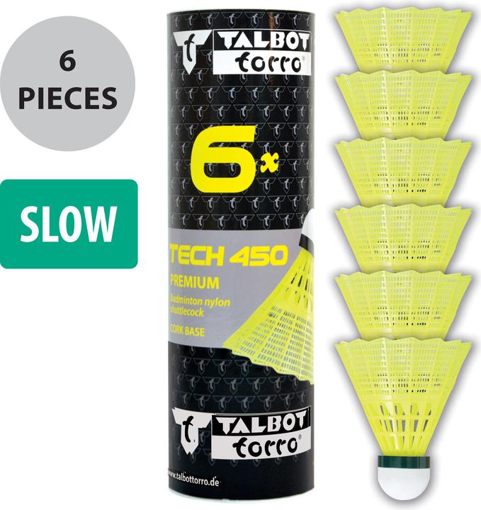 Actual product image Talbot Torro Badminton ball Tech 450, slow, yellow/green Premium nylon shuttlecock, with cork head, for