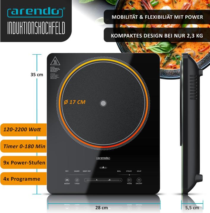 Produktbild Arendo Induktions-Kochfeld Einzelkochplatte, Mobile 2200W Induktionsplatte, Timer, Touch & Kindersicherung