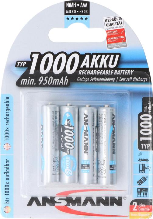 Produktbild Ansmann NiMH-Akku Typ 1000 Micro 950mAh 4er-Blister (4 Stk., AAA, 950 mAh)