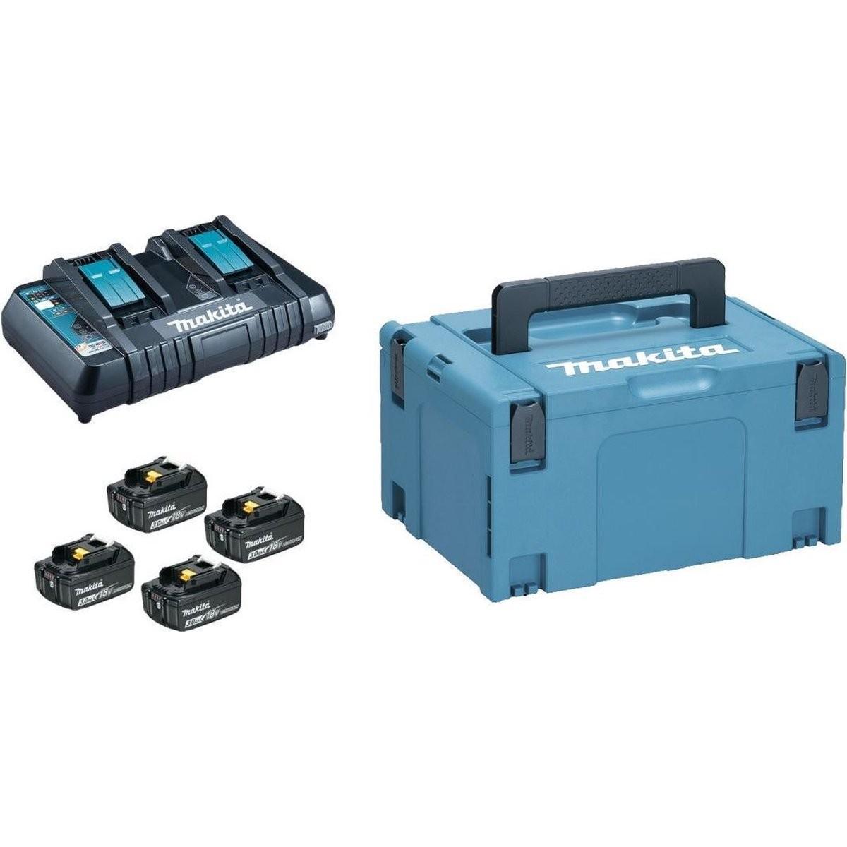 Makita, Batteria + Caricatore, 18 V Power Source KIT con 4x Batterie 3,0 Ah 18 V + Caricatore doppio DC 18 RD + valigetta Ma (18 V)