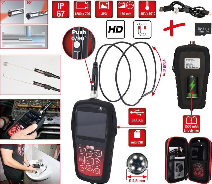 Actual product image KS Tools HD-Videoskop-Satz mit Ø 4,5 mm 0° und 90° HD Frontkamera-Sonde, umschaltbar, 7-tlg