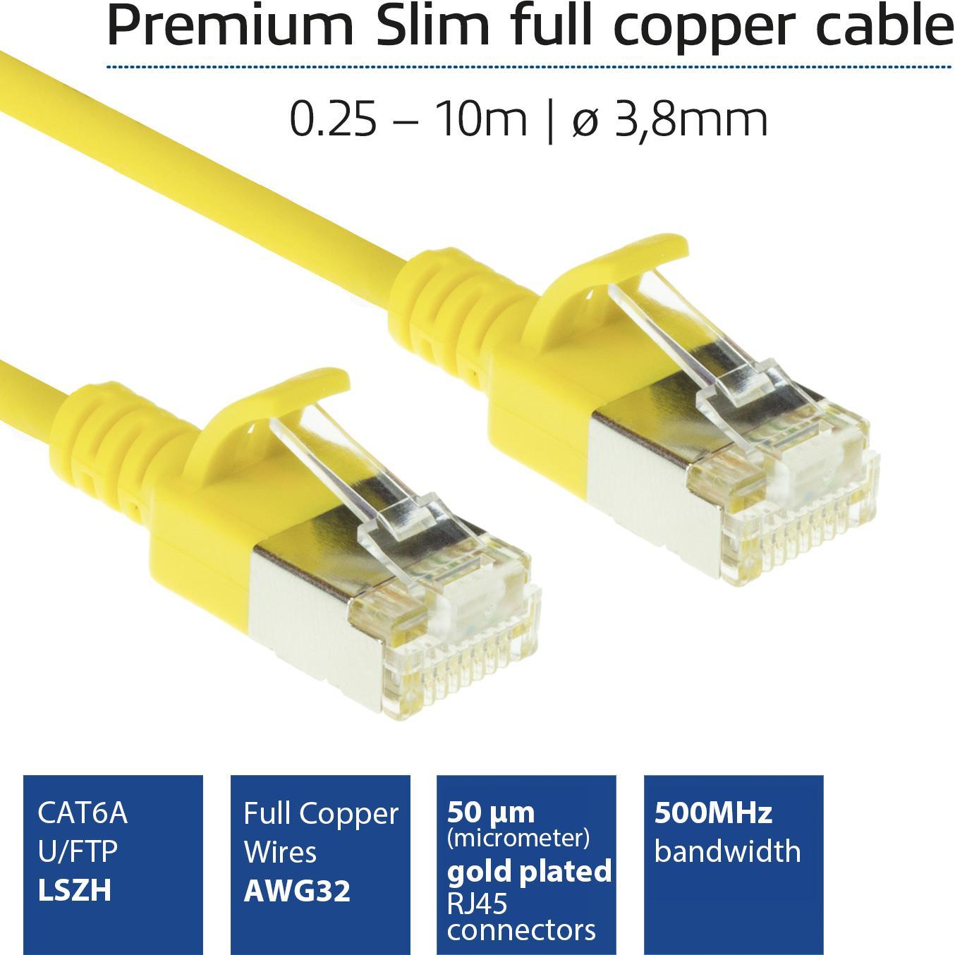 Thumbnail - ACT Yellow 3 meter LSZH U/FTP CAT6A datacenter slimline patch cable snagless with RJ45 connectors (U/FTP, CAT6a, 3 m), N...