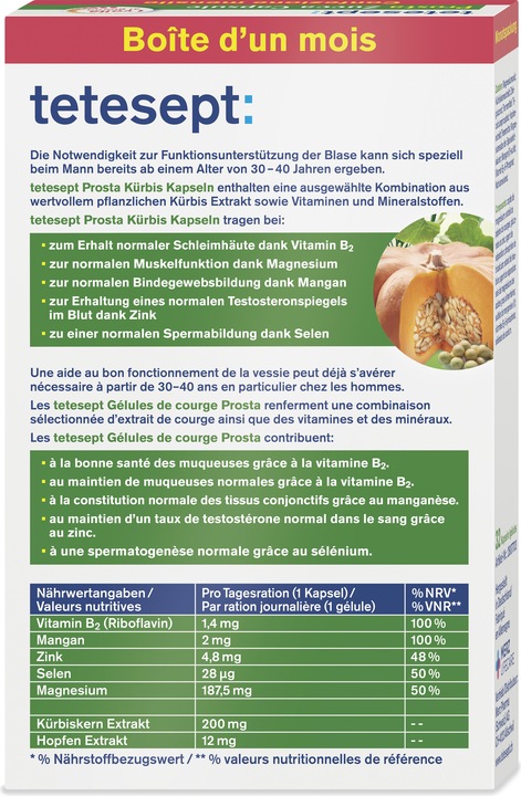 Nutritional values and ingredients Tetesept Prosta (32 Piece, Capsules, 70 g)