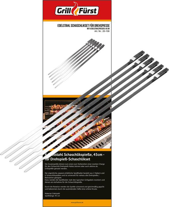 Produktbild Grillfürst Edelstahl Spiesse 45 cm - 6er Set - kompatibel mit Schaschlikset für Drehspiess