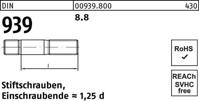 Produktbild Stiftschraube DIN 939 M 16 x 90 8.8 Einschraubende=1,25d (10 Schrauben pro Stück)