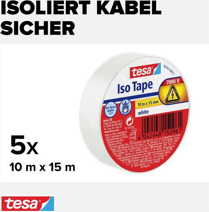 Produktbild tesa 5x Elektro Isolierband, hitzebeständiges Klebeband zum Isolieren, Reparieren & Bündeln, Fünferpack (15 mm)