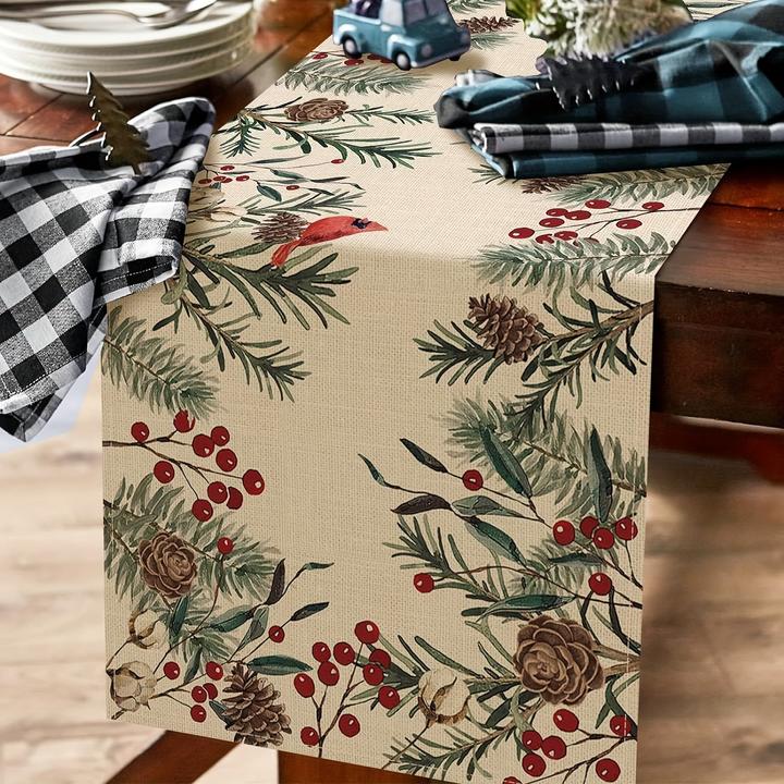 Actual product image Alopini Table runner, winter theme pine needles twigs printed table runner, pine cones cardinal red birds (100 x 100 cm)