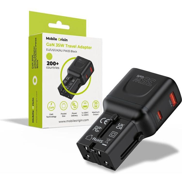 Mobile Origin, Adattatore da viaggio, 35W Travel Adapter, EU/US/UK/AU PW25, black