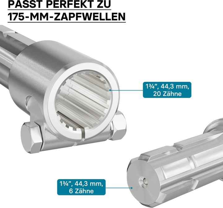 Actual product image Wiltec Adaptor Sleeve for PTO Shaft 175 mm w/ 1 3/4" 20N Spline Housing and 1 3/4" 6T Output Shaf (Tractor accessories)