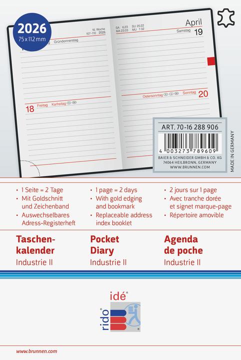 Produktbild rido/id 7016288906 | Taschenkalender Mod. Industrie II 2026 | A7, Leder, schwarz (A7, Monatsübersicht 1 Seite)