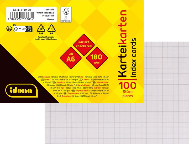 Idena 90360 - Karteikarten A7, 1000 Stück kariert, Lernkarten aus 180 g/m² FSC-Mix Papier in Weiß, für Schule und Büro