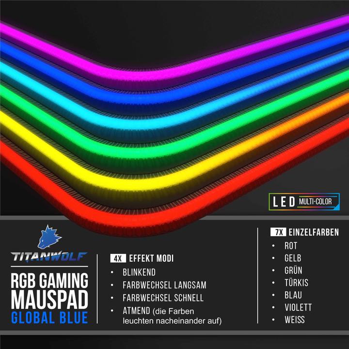 Produktbild Titanwolf RGB Gaming Mauspad, Mausmatte XL 800 x 300mm verbessert Präzision & Geschwindigkeit, Weltkarte blau (XL)