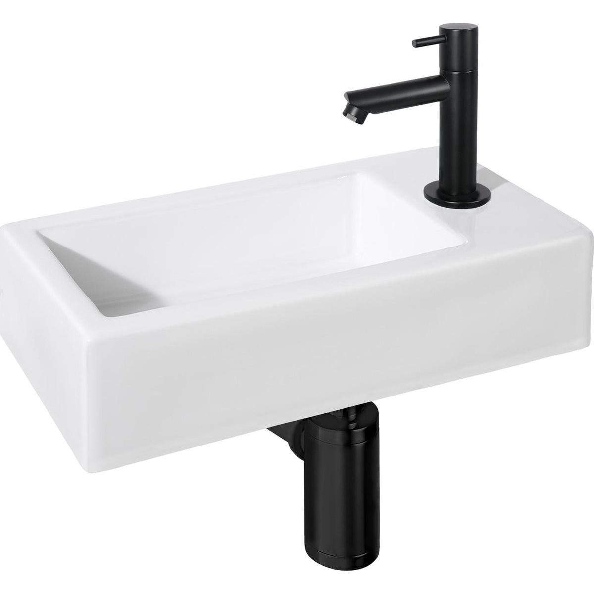 Differnz, Lavandino, Ravo Fonteinset - Wasbak Keramiek - Wit - Rechte Kraan - Mat Zwart - Standaard Greep - 38,5 x 18,5 x (185 mm, 385 mm)