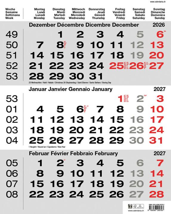 Immagine prodotto 3-Monats-Kalender grau 2026