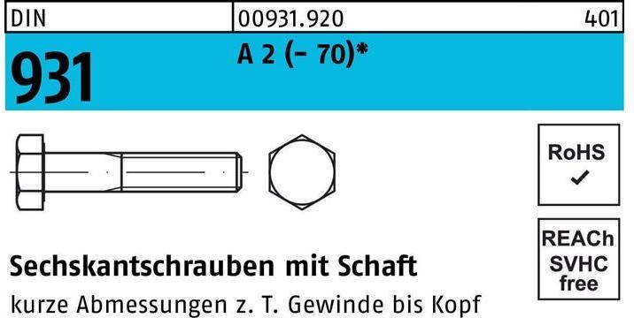 Produktbild Sechskantschraube DIN 931 m.Schaft M 20 x 180 A 2 (- 70) (10 Schrauben pro Stück)