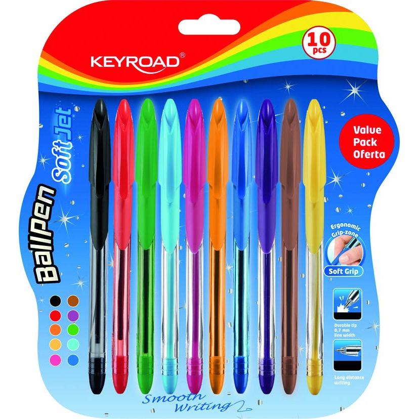 Keyroad, Schreibstifte, Klassischer kugelschreiber soft jet, 0,7 mm, 10 stk., blister, farbmischung